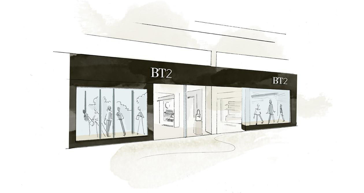 Illustrated storefront with large windows, displaying mannequins and the name 'BT2' on the facade.

