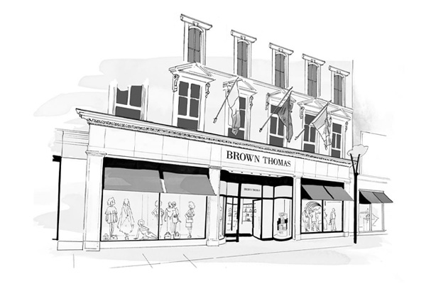 Illustration of a building labeled 'Brown Thomas' with large display windows and multiple flags above.