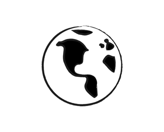 A black and white stylized illustration of Earth highlighting continents on a circular background.